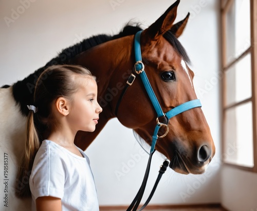 a girl is standing next to a horse