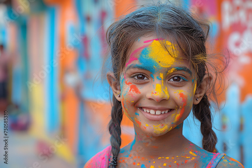 Small smiling girl with colourful paint on her body is celebrating Holi. Selective focus. Copy space. Colourful atmosphere of Holi holiday 