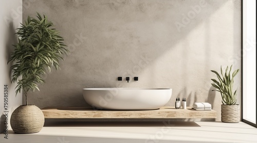 Contemporary bright bathroom with bathtub and beige concrete wall  kinfolk style interior design