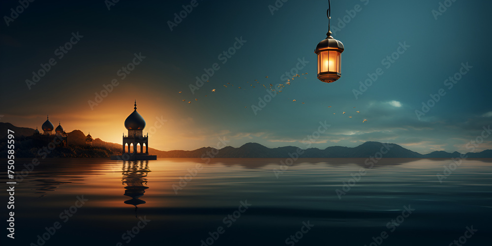 Lantern with night light for Muslim feast mosque and moon holy month of Ramadan Kareem blurred background