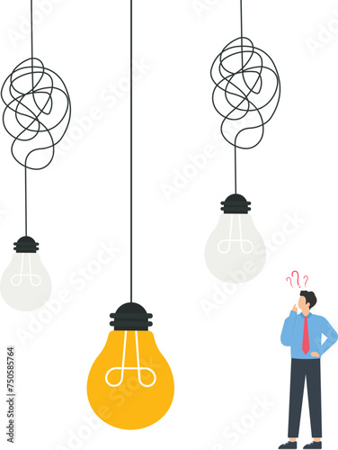 Simple idea and solution brainstorm process, Unravel tangle of wires with hanging light bulbs, Solve complex problems find answer concept,

