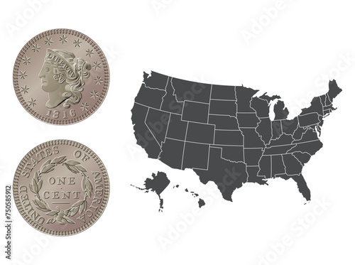 Vector American money, one cent coin, 1816-1839. Vector illustration isolated on the background of a map of the USA.