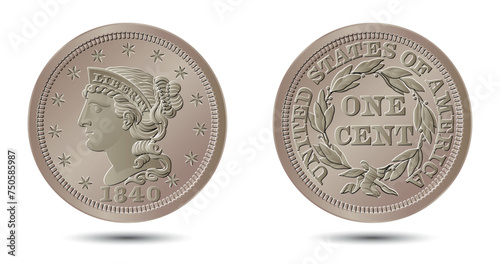 Vector American money, one cent coin, 1840-1857.  Vector illustration.