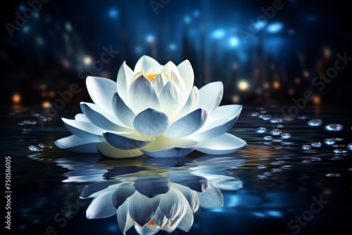Moonlit white lotus flower glowing in the dark blue water at night, serene and magical scene