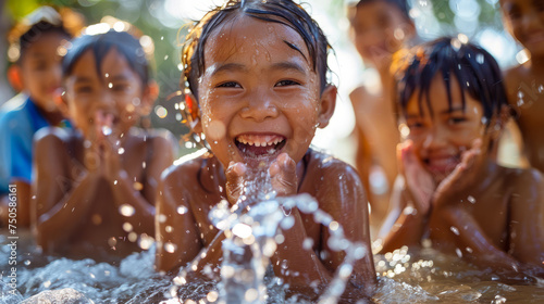 a group of children smilingly enjoying clean water  photo