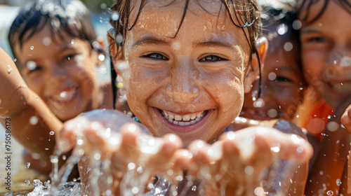 a group of children smilingly enjoying clean water  photo