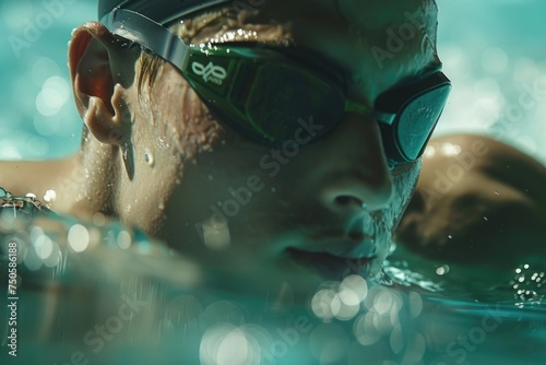 Close-up of swimming athlete in goggles and swimming cap in water