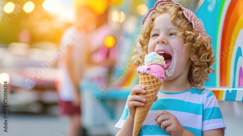 Excited child with multi-flavored ice cream at a colorful carnival, pure delight on face.