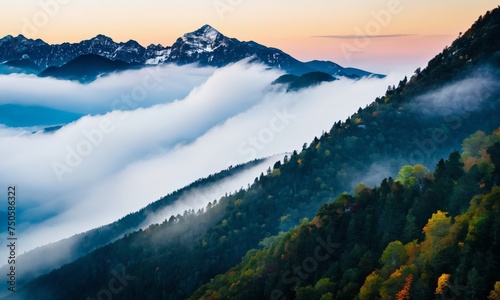 a mountain range covered in clouds and trees at sunset with a colorful sky © Universeal