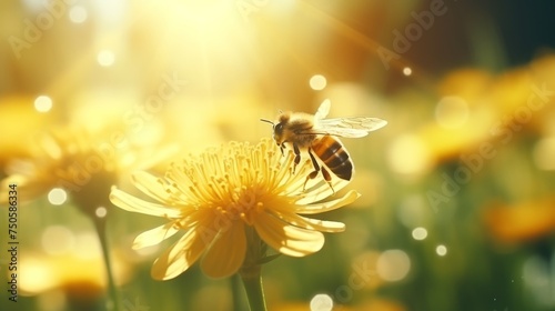 Macro close-up of bee pollinating flower with copy space on blurry defocused background