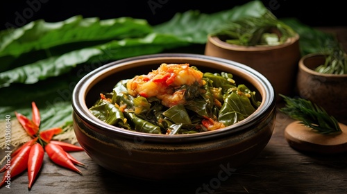 Manipuri dish Kamen Asimba Kangsoi in a bowl with tomatoes on the side and taro leaf as background.


 photo