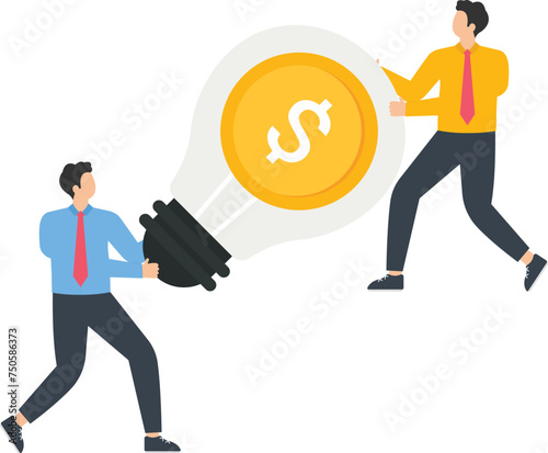 Investment in business ideas, Creative inventions and innovations, Businessman holding a bright yellow light bulb with a dollar coin inside concept,

