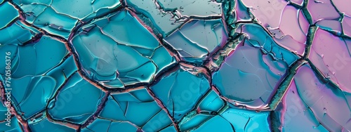 abstract pattern that resembles ariel view of cracked ice, cracks have teal and magenta colors