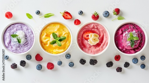 Different flavored smoothie bowls with fresh berries and mint on a white background. Flat lay composition with place for text.