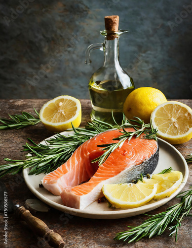 Healthy plate with raw salmon fish, lemons. olive oil and rosemary herbs on rustic background