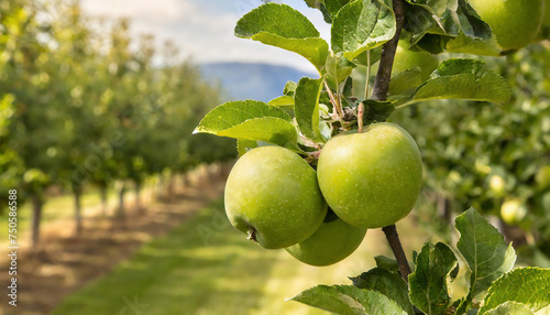 Granny Smith apple variety in the orchard ready to be harvested against blurred agricultural field photo
