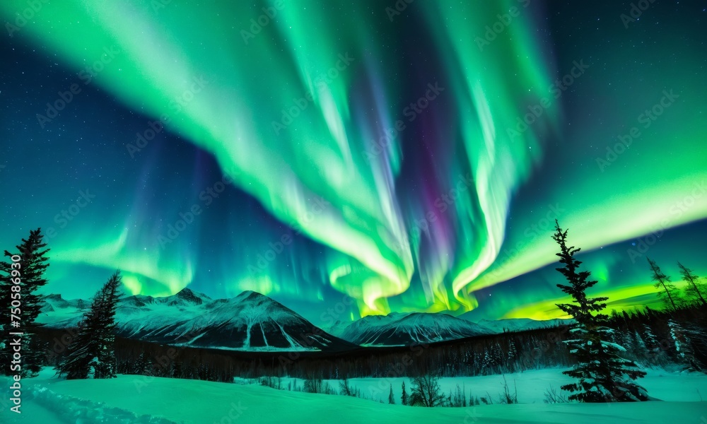  Aurora borealis over the frosty forest. Green northern lights above mountains. Night nature landscape with polar lights