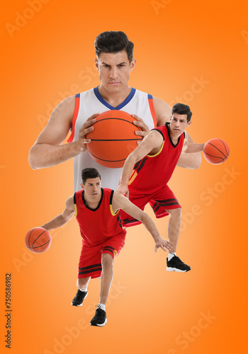 Handsome sportsman playing basketball on orange background, collage