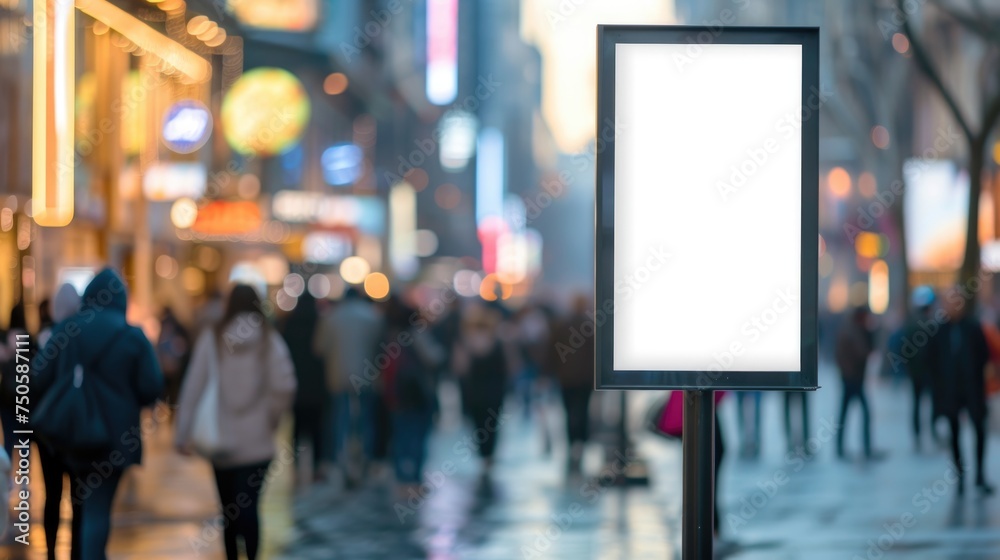 Obraz premium Illuminated empty billboard on a busy urban street at dusk.