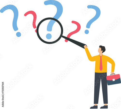 Man holding magnifying glass and looking through it at interrogation points, Frequently asked questions concept,

