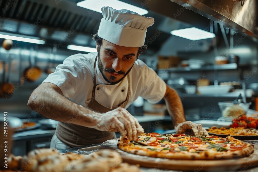Pizza chef finishing the preparing of in professional pizzeria restaurant kitchen.