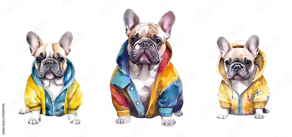 Watercolor drawing of funny french bulldog family in dog clothes on a transparent background. Female dog with her puppies.	