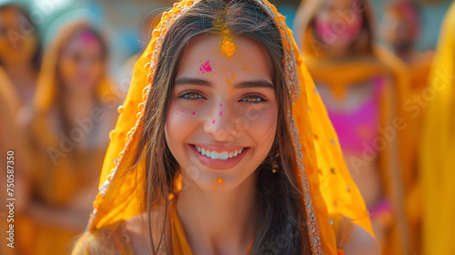Young smiling girl dressed in Indian dress and with colourful paint on her face is celebrating Holi in India. Selective focus. Copy space 