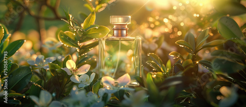 Cosmetic Purfume Crystal Glass Bottle Standing on Green leaves bask in sunlight, while others dance in the breeze, hinting at the herbal aromas used in aromatherapy and spray