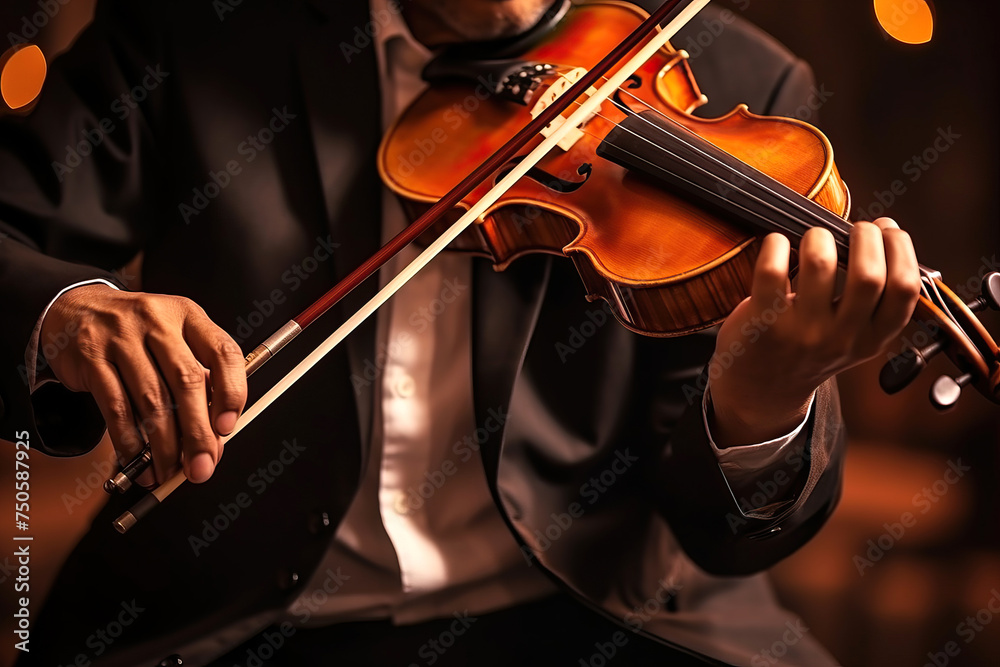 A musician in a suit plays a violin with a bow, creating beautiful music A musician in a suit plays a violin with a bow, creating beautiful music