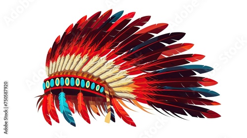 Red indian tribal chief headdress with feathers. Feather headdress. Vector colorful illustration isolated on white background.


 photo