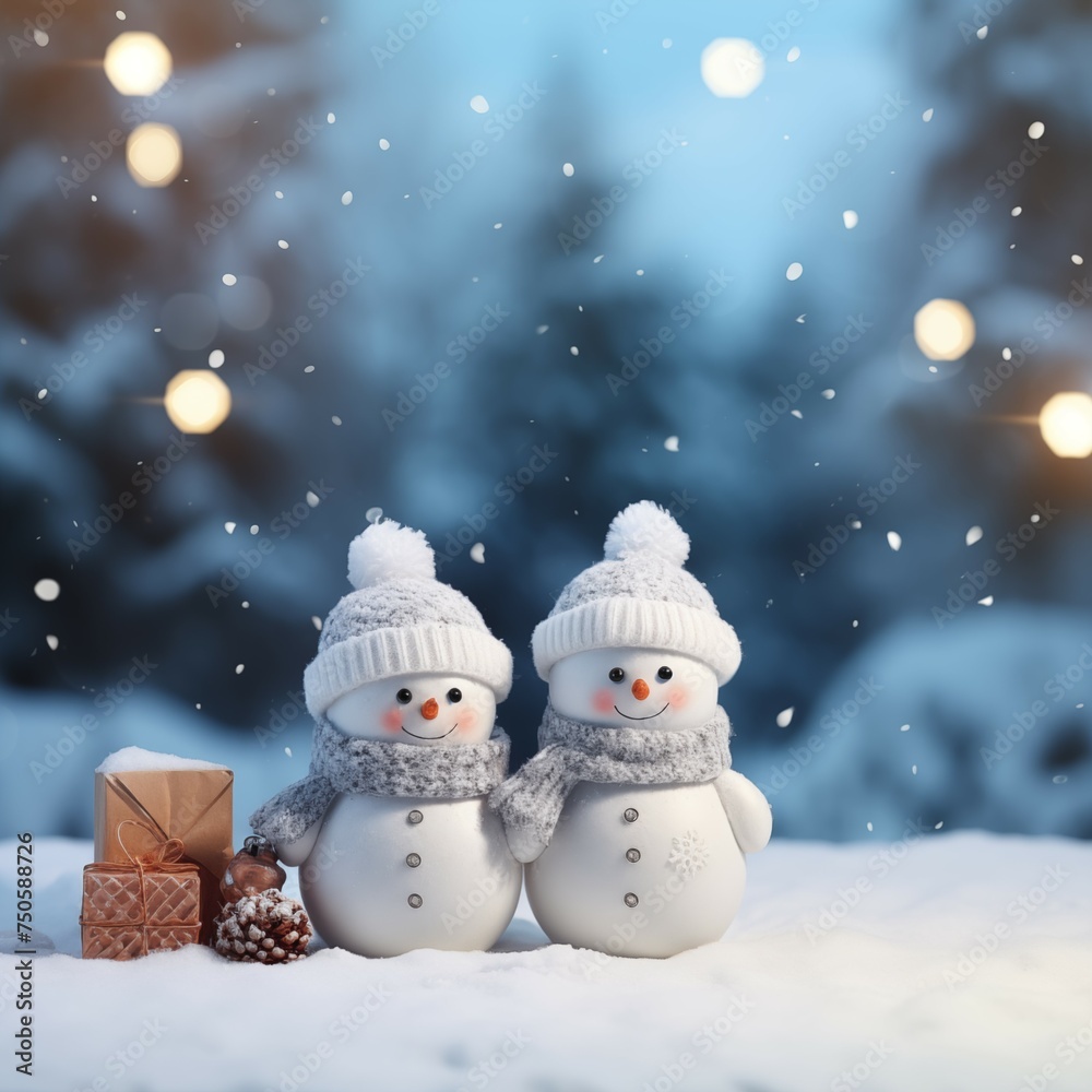 Snowman and snowflake on blurred white and blue background with copy space for cute and fresh design Snowman and snowflake on blurred white and blue background with copy space for cute and fresh design
