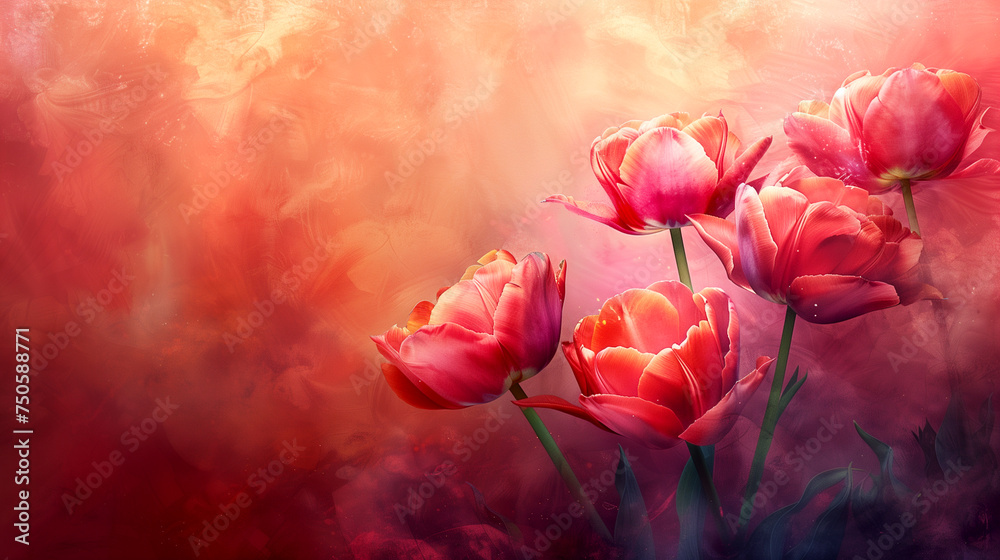 Obraz premium spring banner, background for postcards made of tulips made in painting style for sale booklets