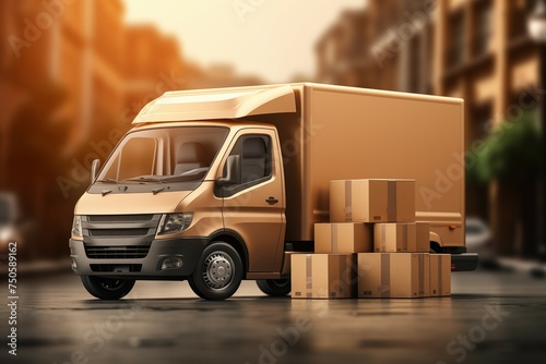 delivery or movers service van with cardboard boxes for fast delivery and logistic shipments concepts with empty mockup copyspace photo