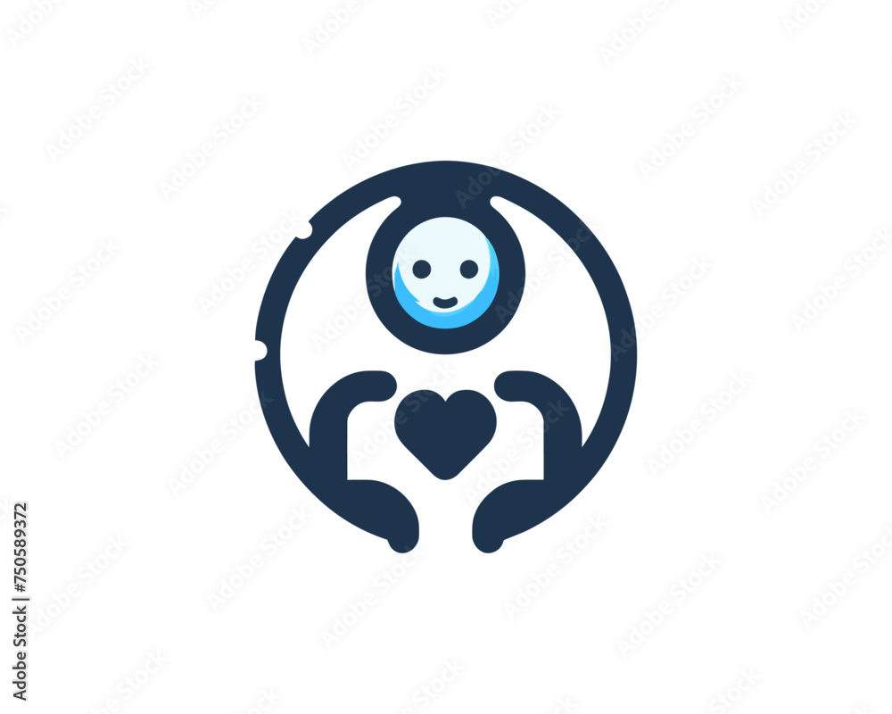 robotic charity logo, heart vector technology logo, robot with heart, minimalist logo