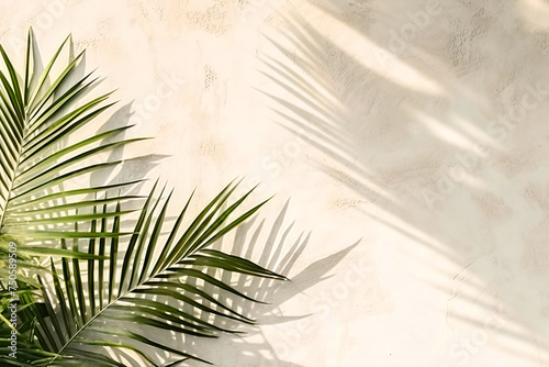 Palm tree leaves create shadows on a white wall in a sunny landscape © Kseniya