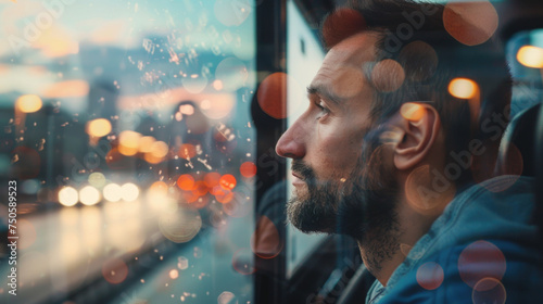 A man lost in thought, looking at the city passing by from a bus window, blurred background, with copy space photo