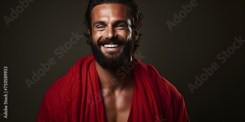 Joyful gentleman wearing vibrant red robe with an infectious smile. Concept Outdoor Photoshoot, Colorful Props, Joyful Portraits, Playful Poses