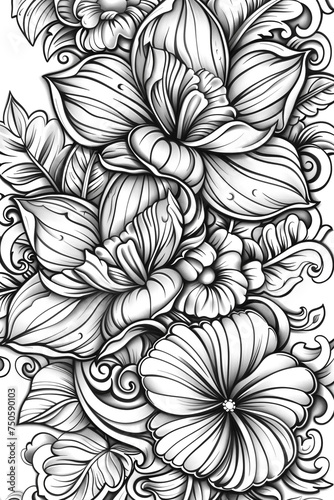 Coloring book flowers doodle style black outline. line art floral black and white background