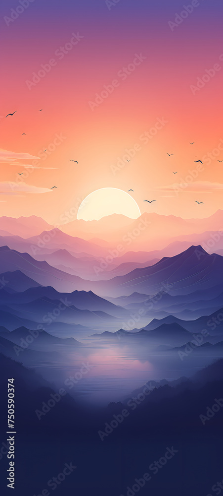 Fototapeta premium The sunset in the middle of two mountains and the birds fly shaped wallpaper design abstract organic colorful background 9:20, ai generative
