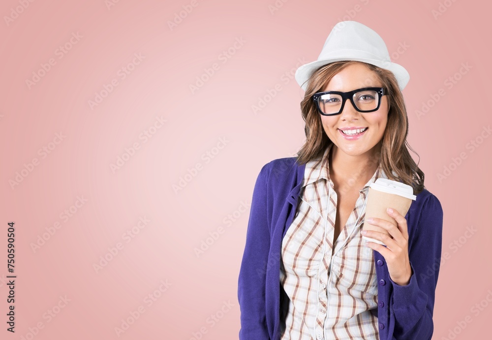 Fun young happy woman hold coffee cup Fun young happy woman hold coffee cup