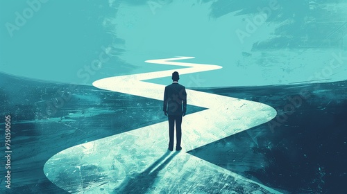 A determined businessperson in formal attire stands at the beginning of a long, winding road that stretches into the horizon, symbolizing the start of a challenging career journey. photo