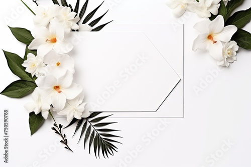 A beautiful mockup of an invitation card adorned with white blooming flowers and dark green leaves