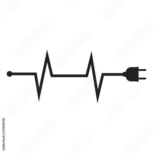 Electrical power plug with a long curved cord. Current and voltage symbol.  Electric power. Vector  EPS 10.