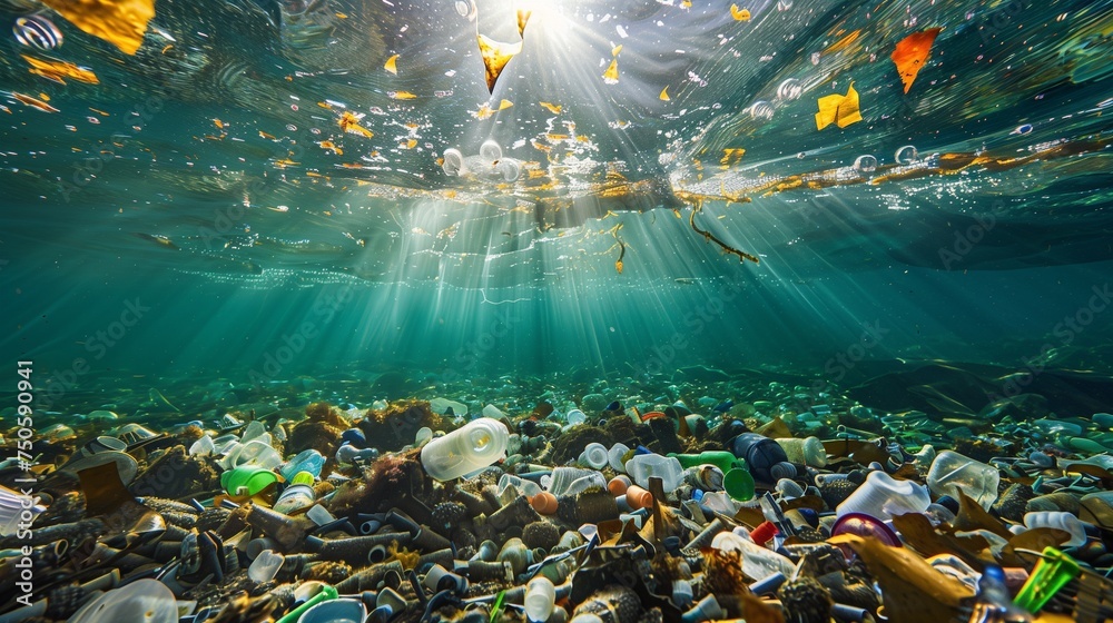 Underwater scene showing scattered plastic trash covering the seabed, highlighting the environmental issue of water pollution and its threat to marine life. - obrazy, fototapety, plakaty 