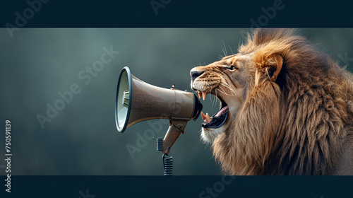 Lion roaring on a megaphone. copy space. generative ai