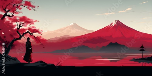 A woman in a vibrant red robe admires a mountain resembling Fuji in a traditional Japanese-inspired animated scene. Concept Outdoor Photoshoot  Colorful Props  Japanese-Inspired  Mountain Scene