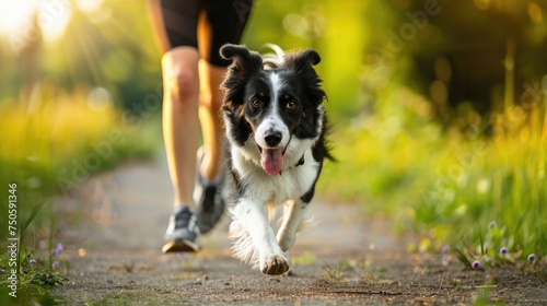 Photo of a woman jogging with her black and white border Collie dog in a summer park. Cardio training of an athlete with his pet