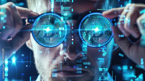 Man with bitcoin glasses, bitcoin background. Virtual cryptocurrency and finance concept photo