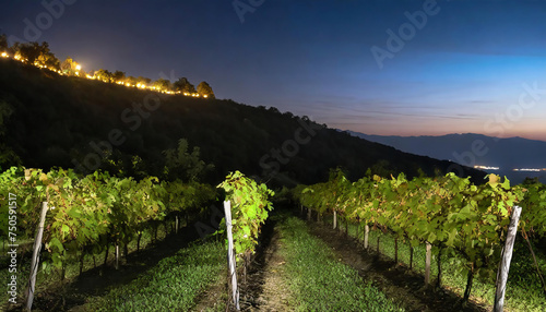 Row of bushes with green leaves of grape plantation against hill in vineyard in summer a summer night photo