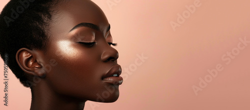 Beautiful Afro American Woman with Perfect Skin. Facial Skin Care. Cosmetology, Beauty, Cosmetics Concept, Spa. Beige Pink Background with Copy Space.
